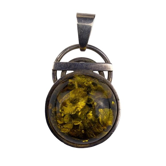 Vintage Sterling Silver & Amber Dome Pendant Unique Round Modernist Design - Picture 1 of 5